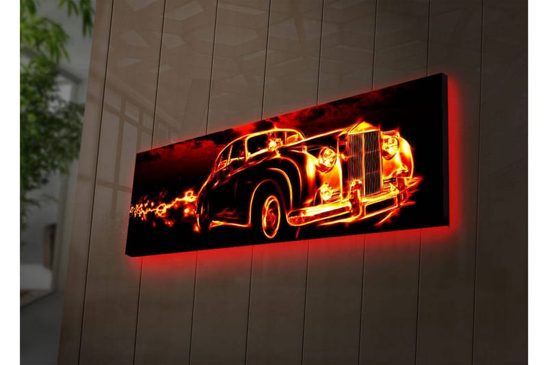 Canvastavla med LED-belysning 30x90 cm - Vintage bil med eldslågor som omger den - Röd / Svart / Orange - Inredning - Tavlor & posters - Canvastavla