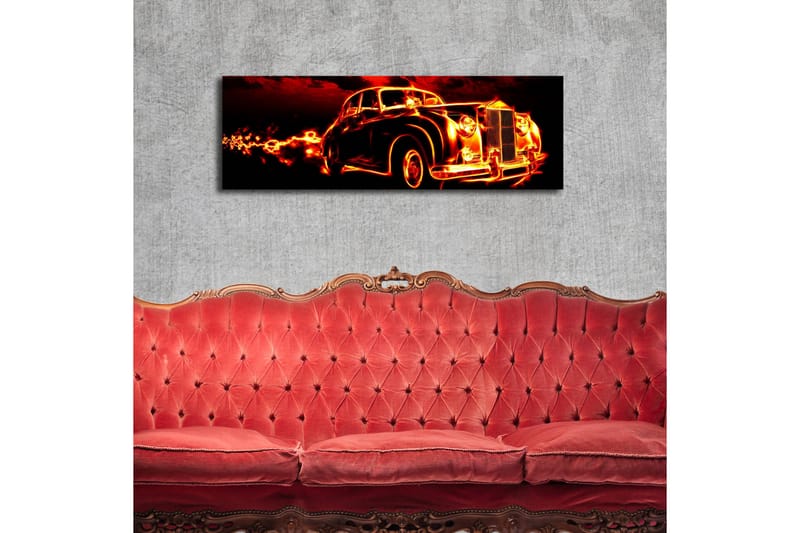 Canvastavla med LED-belysning 30x90 cm - Vintage bil med eldslågor som omger den - Röd / Svart / Orange - Inredning - Tavlor & posters - Canvastavla