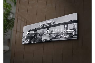 Canvastavla med LED-belysning 30x90 cm - Vintage trafikscen vid en betalstation - Svart / Vitt / Grått - Inredning - Tavlor & posters - Canvastavla