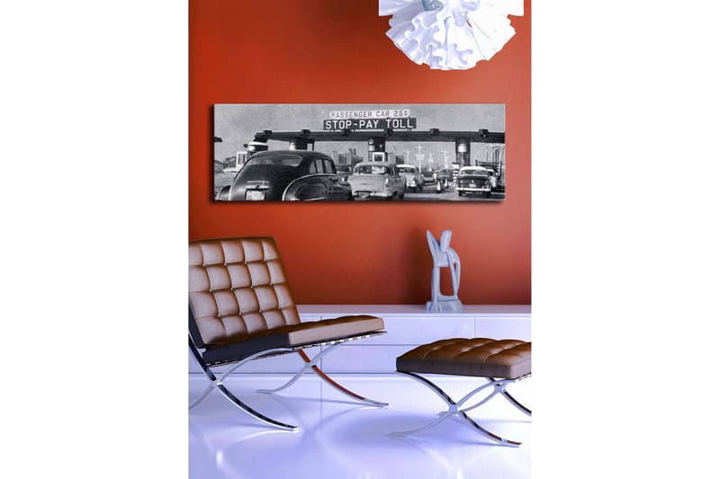 Canvastavla med LED-belysning 30x90 cm - Vintage trafikscen vid en betalstation - Svart / Vitt / Grått - Inredning - Tavlor & posters - Canvastavla