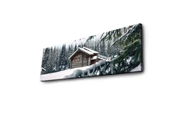 Canvastavla med LED-belysning 30x90 cm - Vinterlandskap med en stuga omgiven av snö och granar - Vit / Grön / Brun - Inredning - Tavlor & posters - Canvastavla