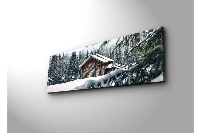 Canvastavla med LED-belysning 30x90 cm - Vinterlandskap med en stuga omgiven av snö och granar - Vit / Grön / Brun - Inredning - Tavlor & posters - Canvastavla