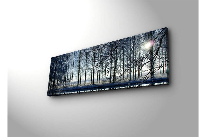 Canvastavla med LED-belysning 30x90 cm - Vinterlandskap med snöklädda träd och en svag solstråle - Blå / Vit / Grå - Inredning - Tavlor & posters - Canvastavla