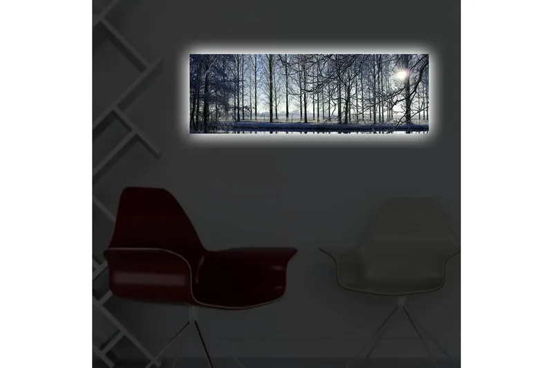 Canvastavla med LED-belysning 30x90 cm - Vinterlandskap med snöklädda träd och en svag solstråle - Blå / Vit / Grå - Inredning - Tavlor & posters - Canvastavla