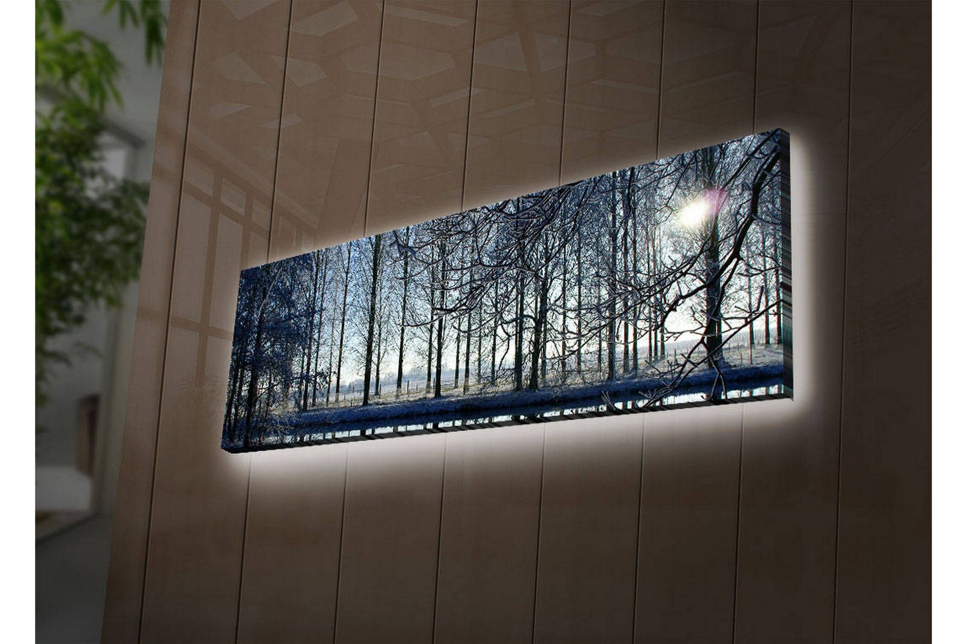 Canvastavla med LED-belysning 30x90 cm - Vinterlandskap med snöklädda träd och en svag solstråle - Blå / Vit / Grå