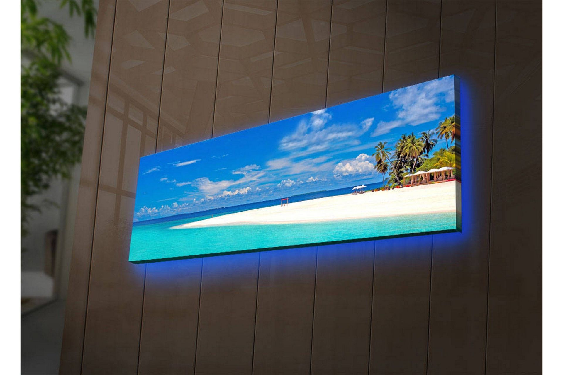 Canvastavla med LED-belysning 30x90 cm - Paradisstrand med turkost vatten och palmer - Turkos / Blå / Grön