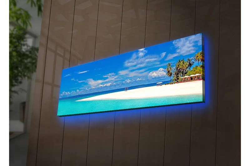 Canvastavla med LED-belysning 30x90 cm - Paradisstrand med turkost vatten och palmer, Turkos / Blå / Grön