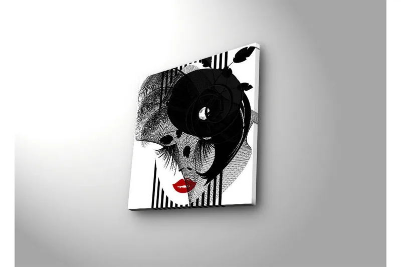 Canvastavla med LED-belysning 40x40 cm - Abstrakt porträtt med en elegant kvinna och svarta detaljer - Svart / Röd / Vit - Inredning - Tavlor & posters - Canvastavla