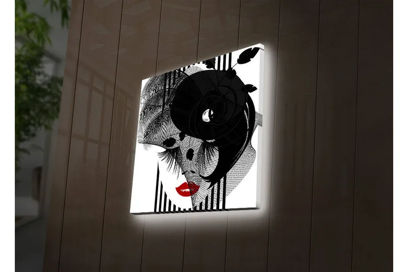 Canvastavla med LED-belysning 40x40 cm - Abstrakt porträtt med en elegant kvinna och svarta detaljer, Svart / Röd / Vit