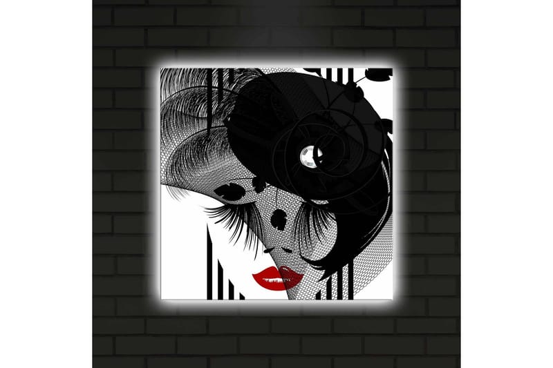 Canvastavla med LED-belysning 40x40 cm - Abstrakt porträtt med en elegant kvinna och svarta detaljer - Svart / Röd / Vit - Inredning - Tavlor & posters - Canvastavla