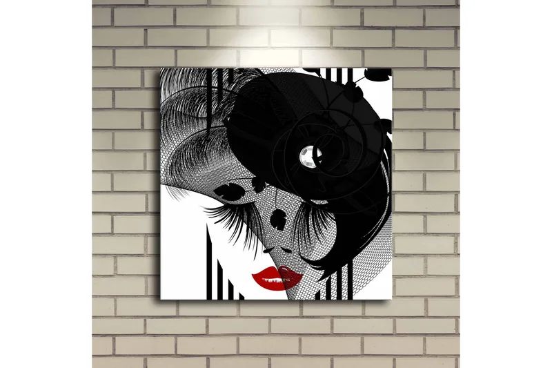 Canvastavla med LED-belysning 40x40 cm - Abstrakt porträtt med en elegant kvinna och svarta detaljer - Svart / Röd / Vit - Inredning - Tavlor & posters - Canvastavla