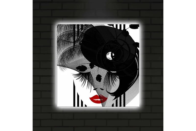 Canvastavla med LED-belysning 40x40 cm - Abstrakt porträtt med en elegant kvinna och svarta detaljer - Svart / Röd / Vit - Inredning - Tavlor & posters - Canvastavla