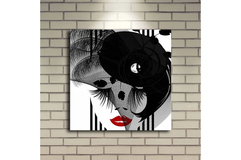 Canvastavla med LED-belysning 40x40 cm - Abstrakt porträtt med en elegant kvinna och svarta detaljer - Svart / Röd / Vit - Inredning - Tavlor & posters - Canvastavla