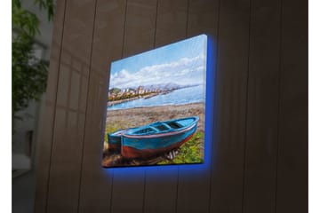 Canvastavla med LED-belysning 40x40 cm - Båt vid strandkanten med en vacker havsutsikt - Blå / Grön / Brun - Inredning - Tavlor & posters - Canvastavla