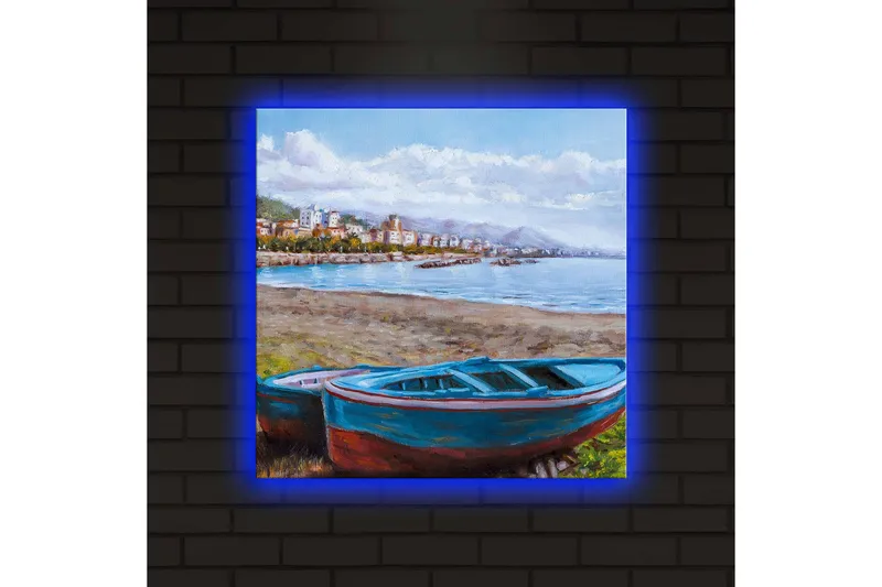 Canvastavla med LED-belysning 40x40 cm - Båt vid strandkanten med en vacker havsutsikt - Blå / Grön / Brun - Inredning - Tavlor & posters - Canvastavla