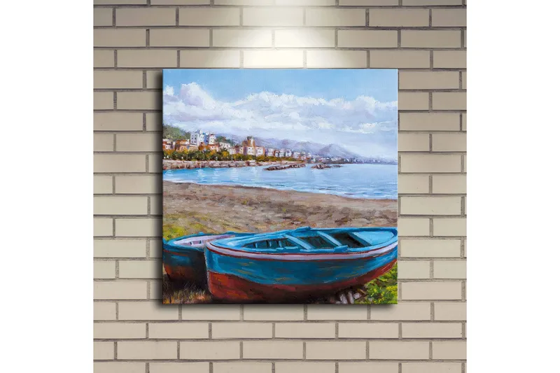 Canvastavla med LED-belysning 40x40 cm - Båt vid strandkanten med en vacker havsutsikt - Blå / Grön / Brun - Inredning - Tavlor & posters - Canvastavla