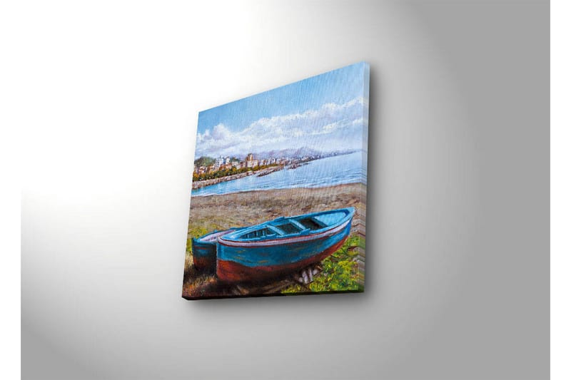 Canvastavla med LED-belysning 40x40 cm - Båt vid strandkanten med en vacker havsutsikt - Blå / Grön / Brun - Inredning - Tavlor & posters - Canvastavla
