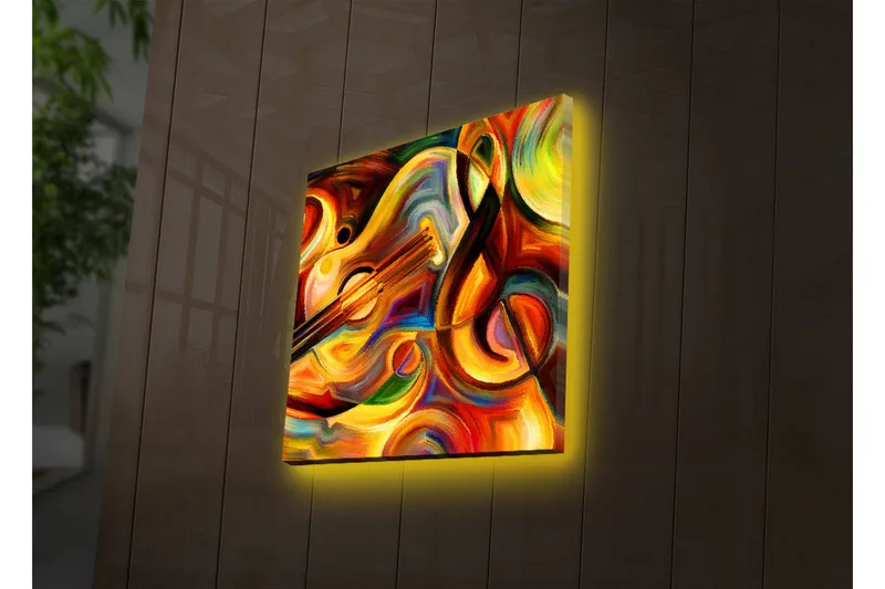 Canvastavla med LED-belysning 40x40 cm - Färgglad komposition med musikinstrument och abstrakta former, Röd / Gul / Orange