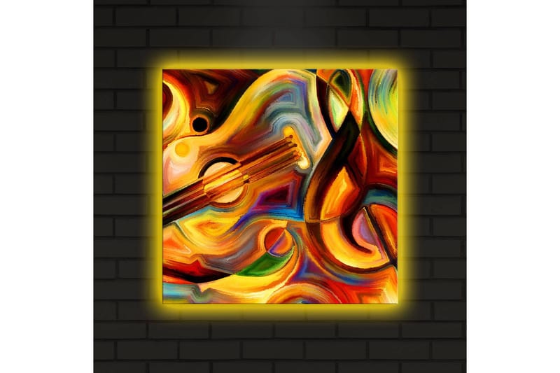 Canvastavla med LED-belysning 40x40 cm - Färgglad komposition med musikinstrument och abstrakta former - Röd / Gul / Orange - Inredning - Tavlor & posters - Canvastavla