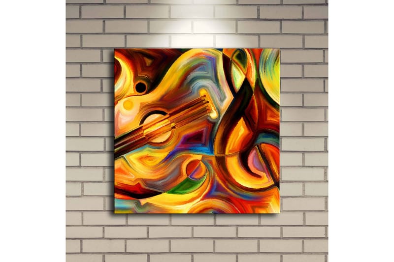 Canvastavla med LED-belysning 40x40 cm - Färgglad komposition med musikinstrument och abstrakta former - Röd / Gul / Orange - Inredning - Tavlor & posters - Canvastavla