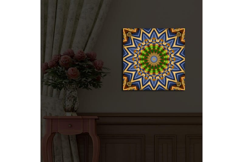 Canvastavla med LED-belysning 40x40 cm - Färgglad mandala med geometriska mönster - Grön / Blå / Guld - Inredning - Tavlor & posters - Canvastavla