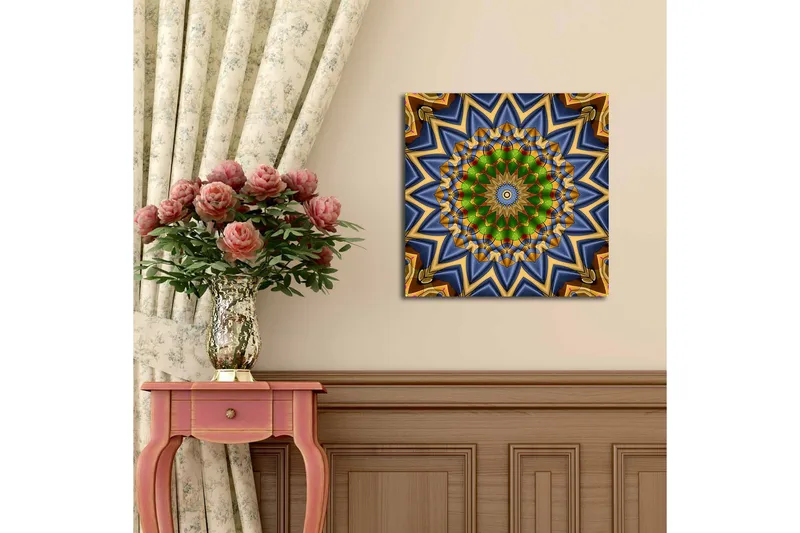 Canvastavla med LED-belysning 40x40 cm - Färgglad mandala med geometriska mönster - Grön / Blå / Guld - Inredning - Tavlor & posters - Canvastavla