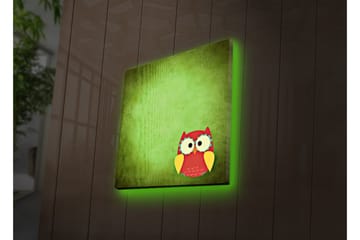 Canvastavla med LED-belysning 40x40 cm - Färgglad uggla på en grön bakgrund - Grön / Röd / Gul - Inredning - Tavlor & posters - Canvastavla
