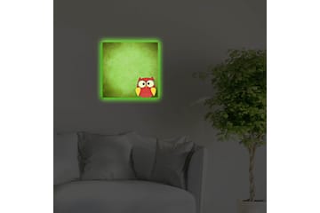 Canvastavla med LED-belysning 40x40 cm - Färgglad uggla på en grön bakgrund - Grön / Röd / Gul - Inredning - Tavlor & posters - Canvastavla
