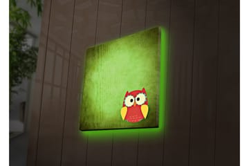 Canvastavla med LED-belysning 40x40 cm - Färgglad uggla på en grön bakgrund - Grön / Röd / Gul - Inredning - Tavlor & posters - Canvastavla