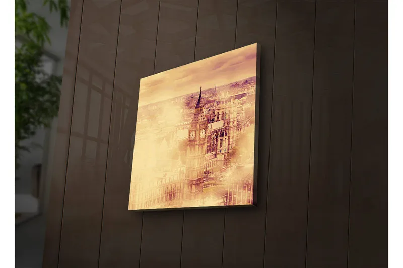 Canvastavla med LED-belysning 40x40 cm - Historisk stadsbild med klocktorn och byggnader - Guld / Beige / Brunt - Inredning - Tavlor & posters - Canvastavla