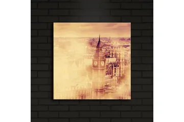 Canvastavla med LED-belysning 40x40 cm - Historisk stadsbild med klocktorn och byggnader - Guld / Beige / Brunt - Inredning - Tavlor & posters - Canvastavla