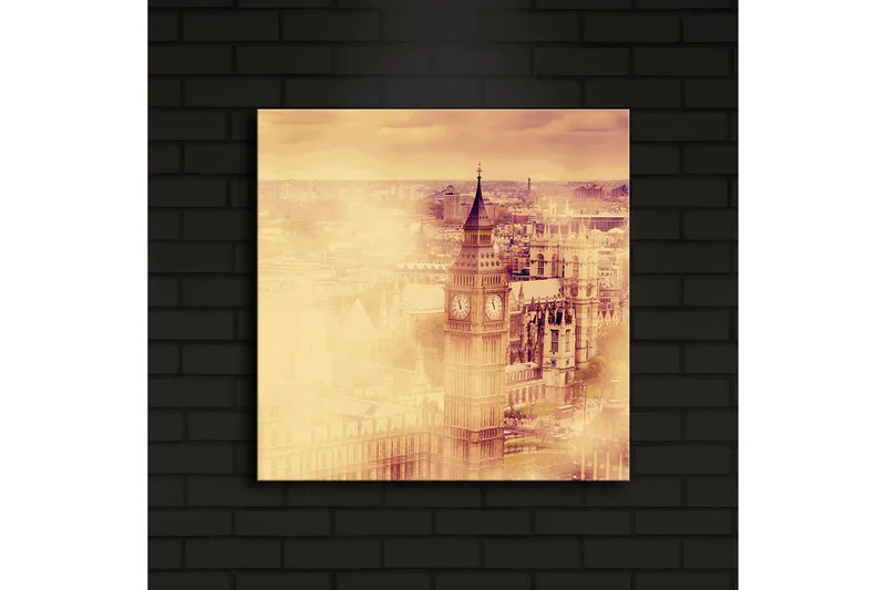 Canvastavla med LED-belysning 40x40 cm - Historisk stadsbild med klocktorn och byggnader - Guld / Beige / Brunt - Inredning - Tavlor & posters - Canvastavla