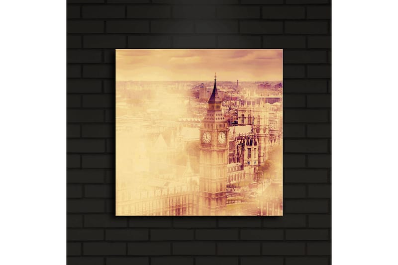 Canvastavla med LED-belysning 40x40 cm - Historisk stadsbild med klocktorn och byggnader - Guld / Beige / Brunt - Inredning - Tavlor & posters - Canvastavla