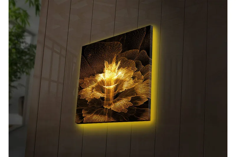 Canvastavla med LED-belysning 40x40 cm - Ljusstrålande blomma i abstrakt stil, Guld / Svart / Brun