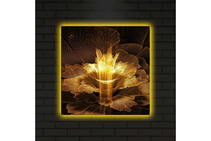 Canvastavla med LED-belysning 40x40 cm - Ljusstrålande blomma i abstrakt stil - Guld / Svart / Brun - Inredning - Tavlor & posters - Canvastavla