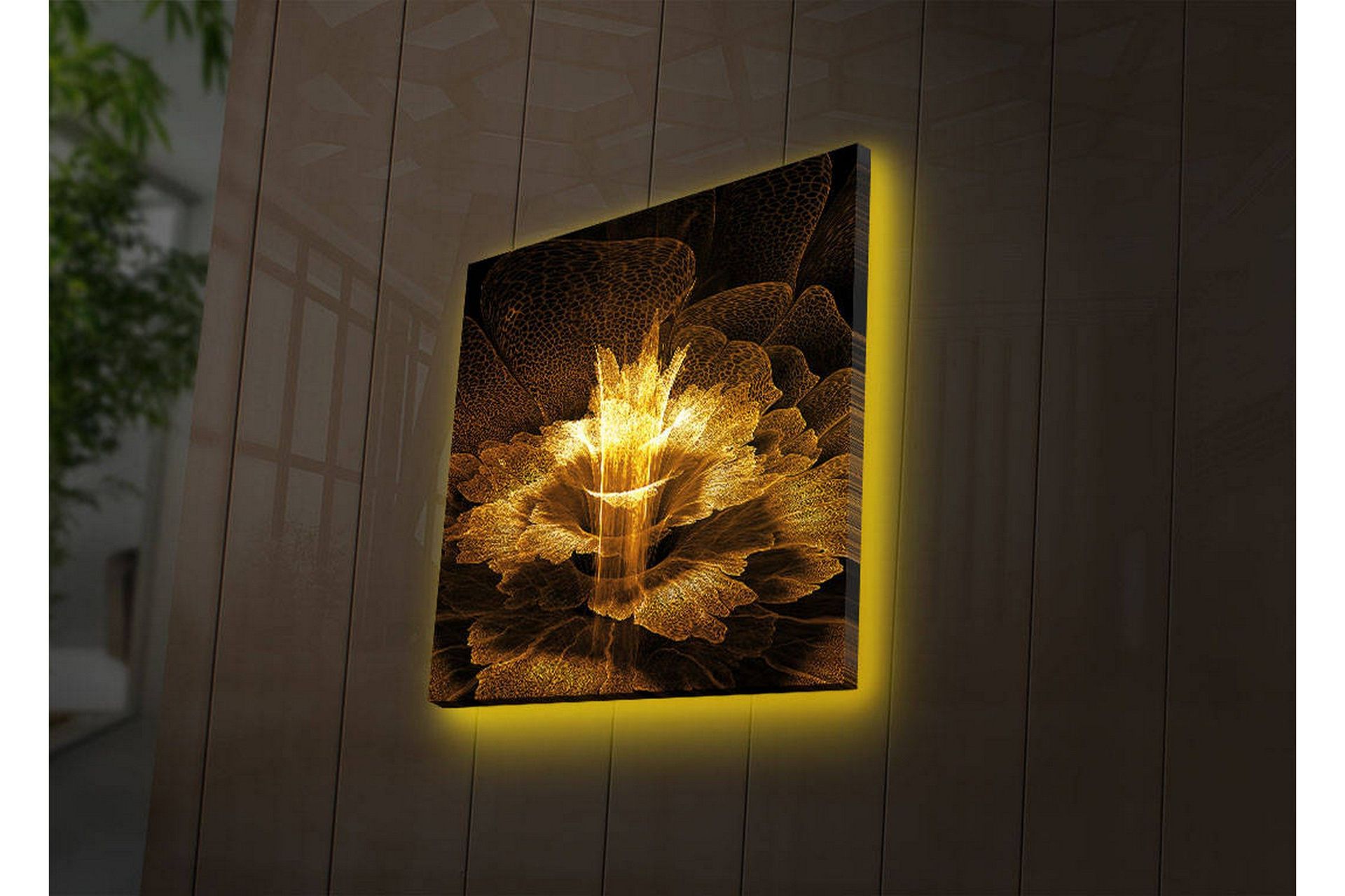 Canvastavla med LED-belysning 40x40 cm - Ljusstrålande blomma i abstrakt stil - Guld / Svart / Brun