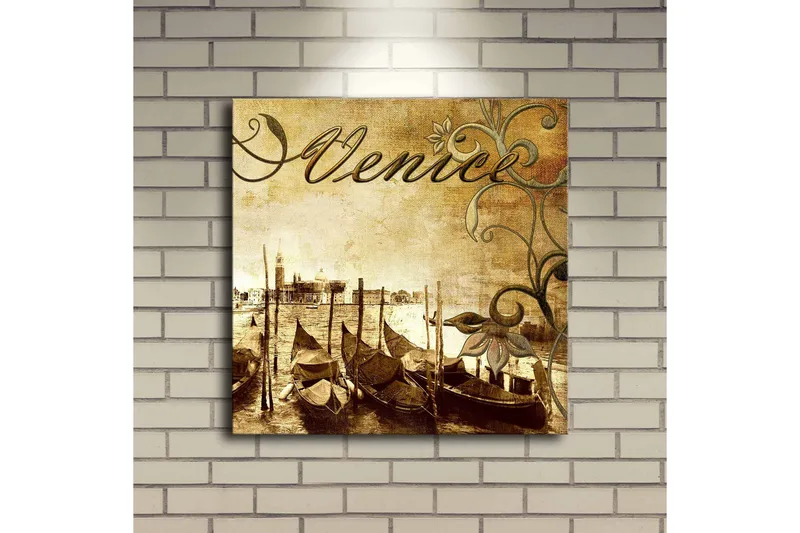 Canvastavla med LED-belysning 40x40 cm - Nostalgisk vy av venetianska gondoler vid en kanal - Brun / Beige / Grön - Inredning - Tavlor & posters - Canvastavla