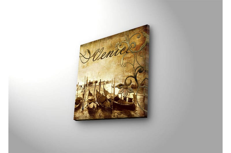 Canvastavla med LED-belysning 40x40 cm - Nostalgisk vy av venetianska gondoler vid en kanal - Brun / Beige / Grön - Inredning - Tavlor & posters - Canvastavla