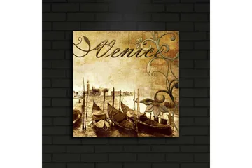 Canvastavla med LED-belysning 40x40 cm - Nostalgisk vy av venetianska gondoler vid en kanal - Brun / Beige / Grön - Inredning - Tavlor & posters - Canvastavla