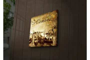 Canvastavla med LED-belysning 40x40 cm - Nostalgisk vy av venetianska gondoler vid en kanal - Brun / Beige / Grön - Inredning - Tavlor & posters - Canvastavla