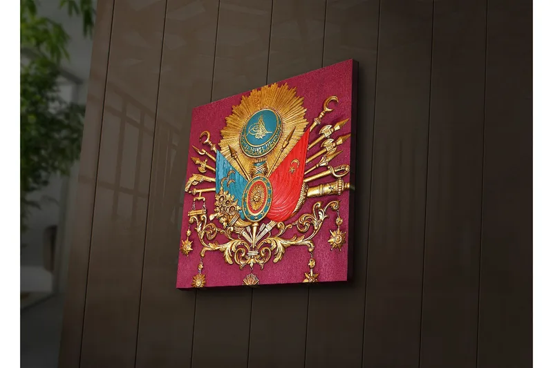 Canvastavla med LED-belysning 40x40 cm - Ornamenterad sköld med symboler och vapen i en historisk stil - Röd / Guld / Blå - Inredning - Tavlor & posters - Canvastavla