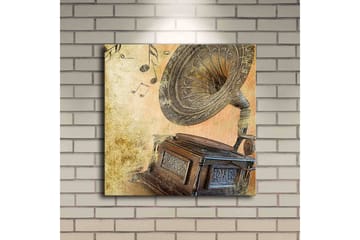 Canvastavla med LED-belysning 40x40 cm - Retro grammofon med musiknoter i bakgrunden - Guld / Brunt / Beige - Inredning - Tavlor & posters - Canvastavla