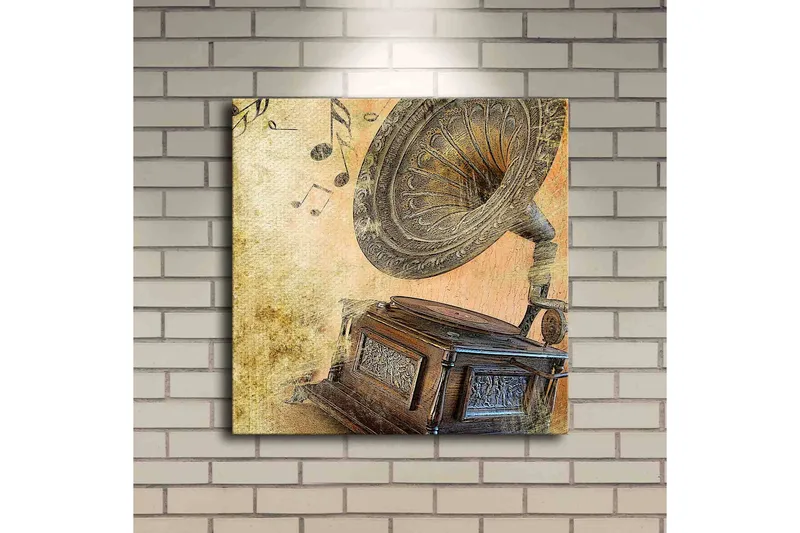 Canvastavla med LED-belysning 40x40 cm - Retro grammofon med musiknoter i bakgrunden - Guld / Brunt / Beige - Inredning - Tavlor & posters - Canvastavla