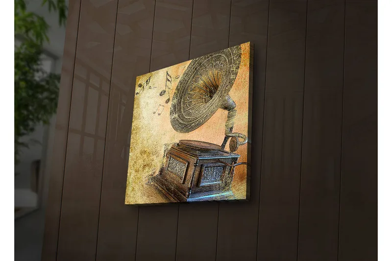 Canvastavla med LED-belysning 40x40 cm - Retro grammofon med musiknoter i bakgrunden - Guld / Brunt / Beige - Inredning - Tavlor & posters - Canvastavla