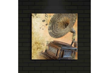 Canvastavla med LED-belysning 40x40 cm - Retro grammofon med musiknoter i bakgrunden - Guld / Brunt / Beige - Inredning - Tavlor & posters - Canvastavla
