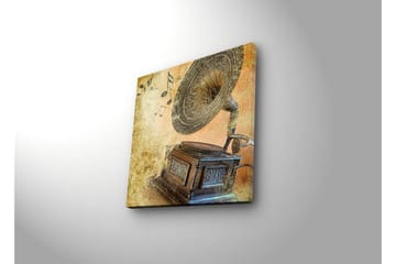 Canvastavla med LED-belysning 40x40 cm - Retro grammofon med musiknoter i bakgrunden - Guld / Brunt / Beige - Inredning - Tavlor & posters - Canvastavla