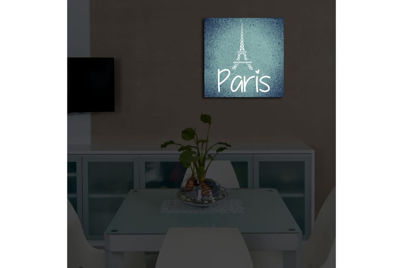 Canvastavla med LED-belysning 40x40 cm - Siluett av Eiffeltornet med texten Paris - Mörkblå / Ljusblå / Vit - Inredning - Tavlor & posters - Canvastavla