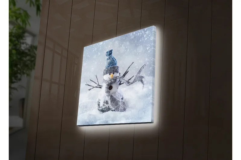 Canvastavla med LED-belysning 40x40 cm - Snögubbe i vinterlandskap med snöfall, Vit / Blå / Grå