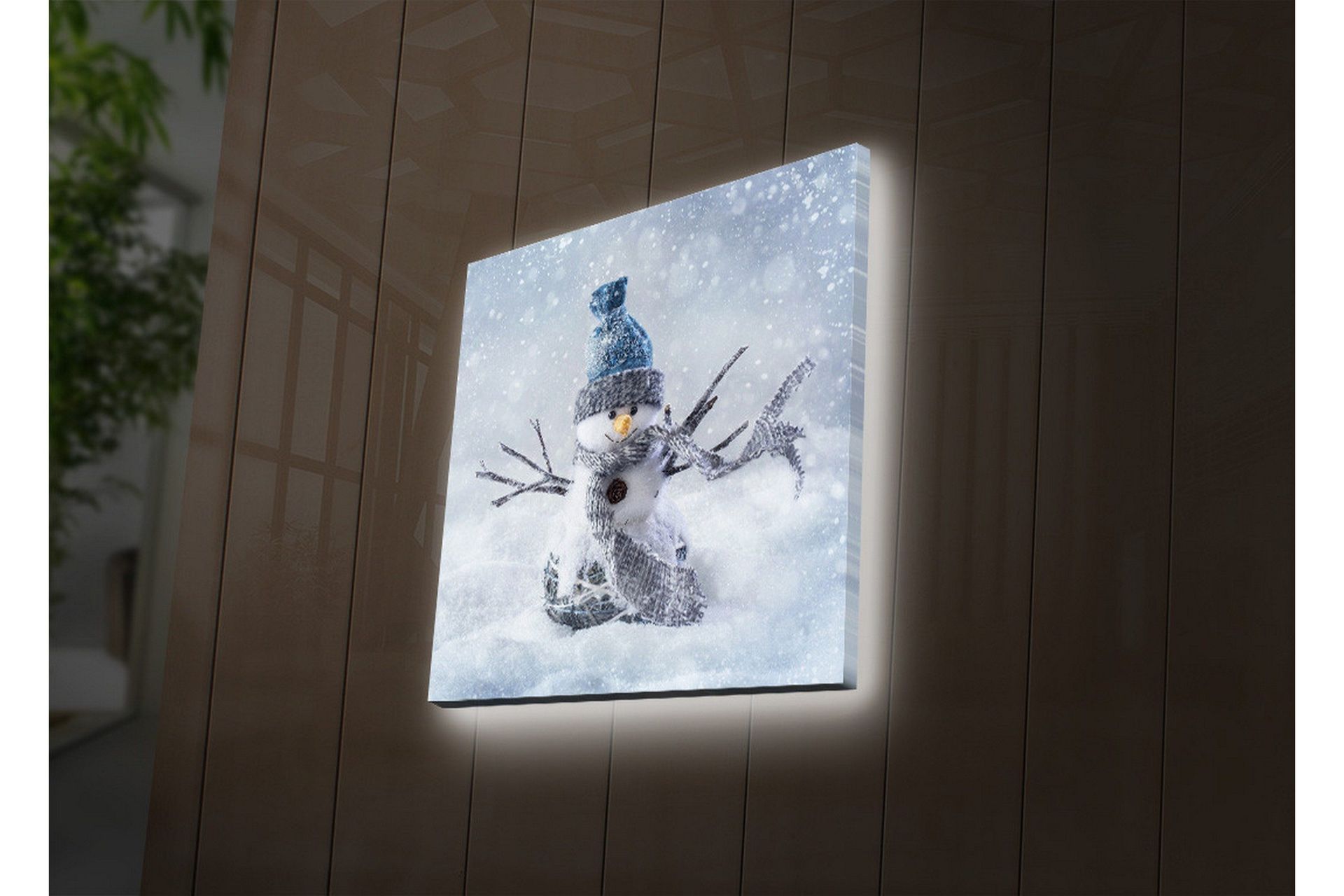 Canvastavla med LED-belysning 40x40 cm - Snögubbe i vinterlandskap med snöfall - Vit / Blå / Grå