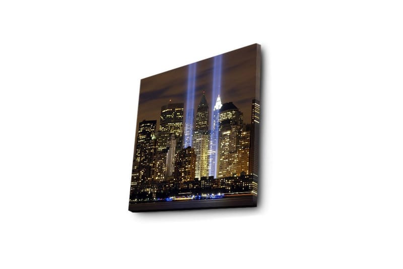 Canvastavla med LED-belysning 40x40 cm - Stadslandskap med ljusstrålar som symboliserar minnet av förlorade liv - Guld / Blå / Svart - Inredning - Tavlor & posters - Canvastavla